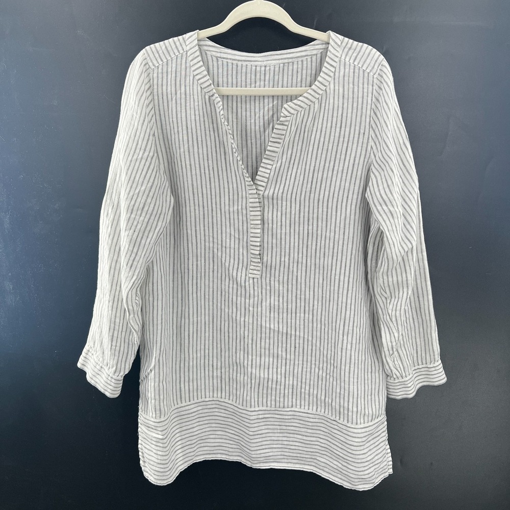 J. Jill white gray 100% linen popover tunic top coastal quiet luxury nautical L - Picture 1 of 11